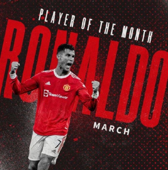 克里斯蒂亚诺·罗纳尔多（Cristiano Ronaldo）被评为曼联三月份最佳球员